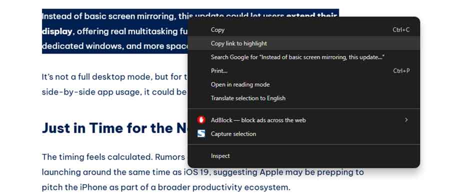 Copy link to specific highlight chrome pc