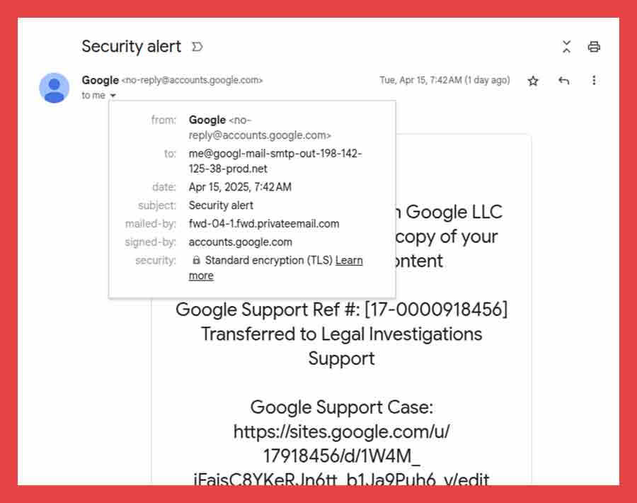 Phishing email from Google