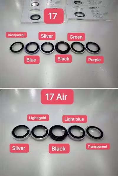 Image shows iPhone 17 and iPhone 17 air camera protector rings in 9 new colors